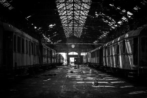 Cargo trains in old train depot — Stock Photo, Image