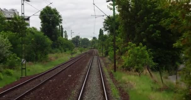 Από την άποψη του ταξιδιού τρένο κάτω από συννεφιασμένο ουρανό — Αρχείο Βίντεο