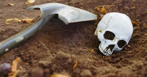 Поховання черепа під землею з лопатою камери ковзання в — стокове відео