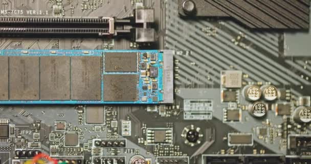 Fast solid state drive in motherboard closeup — Stock Video