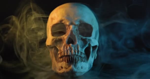 Crânio humano com iluminação amarela e azul e fumaça — Vídeo de Stock