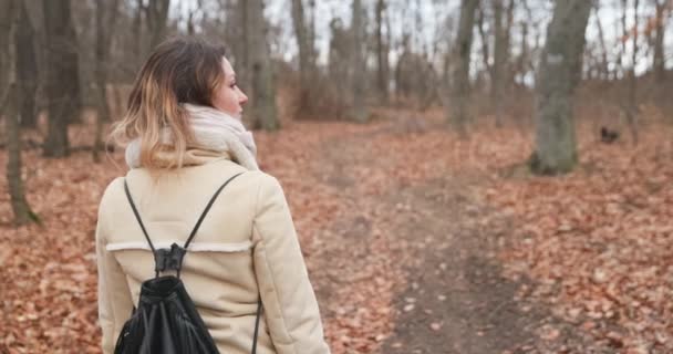 Câmera seguindo mulher no caminho da floresta câmera lenta — Vídeo de Stock