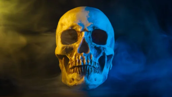 Crânio Humano Com Iluminação Amarela Azul Fumaça Subindo — Fotografia de Stock