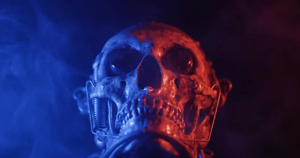 Robotic Skull Blue Red Lights Smoke Closeup — Stock Photo, Image