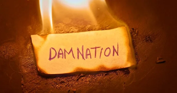 Close Video Burning Paper Damnation Written — Stock Photo, Image
