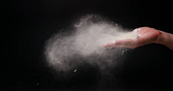 White Flour Powder Flying Dark Background Closeup — Stock Photo, Image