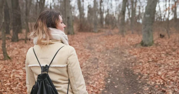 Kamera Kobietą Leśnej Ścieżce Spowolnienie Ruchu Zbliżenie — Zdjęcie stockowe