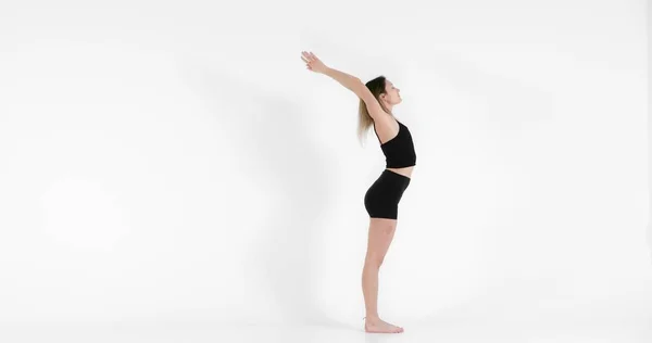 Blonde Woman Doing Yoga Exercise Studio Close — Stock Photo, Image