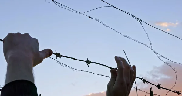 Man Grabs Barbed Wire Clear Sky Closeup —  Fotos de Stock
