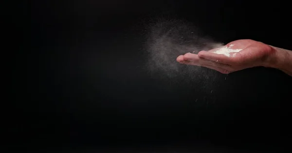 White Flour Powder Flying Dark Background Closeup — Stock Photo, Image