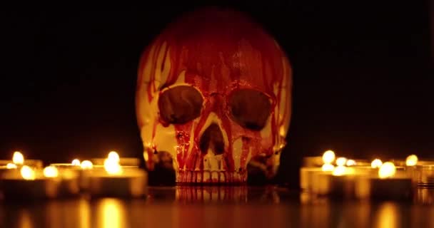 Cráneo manchado de sangre contra fondo oscuro — Vídeos de Stock
