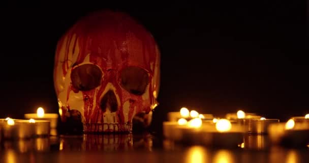 Blood stained skull against dark background closeup — Stock Video