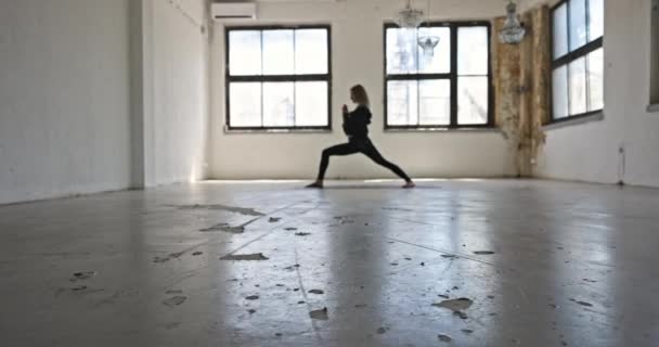 Dynamic Camera Movement Woman Doing Yoga Industrial Interior Closeup — Stock videók