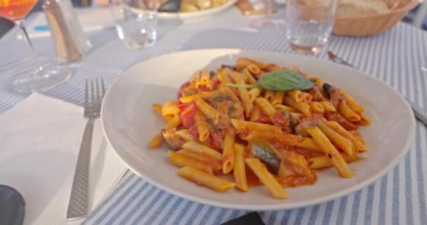 Camera Movement Traditional Italian Pasta Tomato Cheese Closeup — Stockvideo
