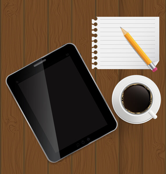 Abstract design tablet, coffee, pencil, blank page on boards Bac