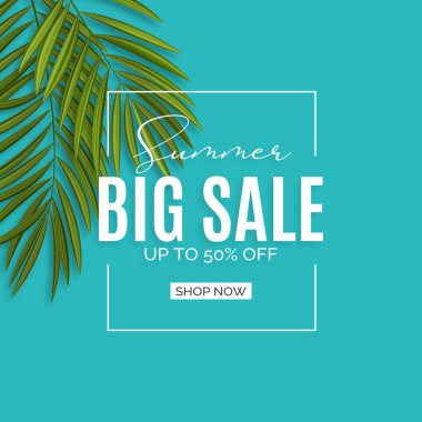 Palmiye yaprakları ile yaz büyük satış arka planı. Vektör İllüstrasyonu