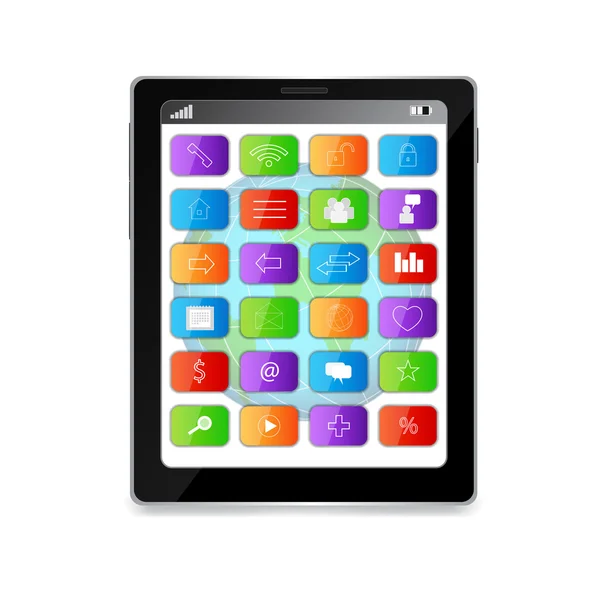 Tablet PC con icone multimediali in mostra — Vettoriale Stock