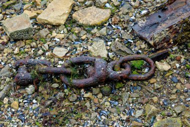 Eski paslı gemi zinciri kayalık bir sahilde yatıyor. Kayalık sahilde paslı büyük bir zincir. -