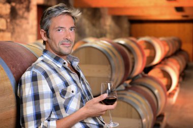 cam şarap mahzeni ayakta winemaker gülümseyen