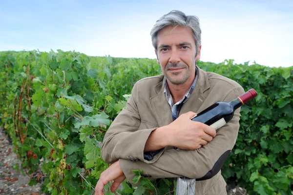 Erfolgreicher Winzer im Weinberg mit Flasche Rotwein — Stockfoto