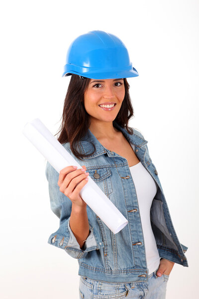 Woman architect standing on white background