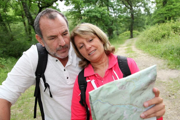 Äldre par vandring i skog med karta — Stockfoto