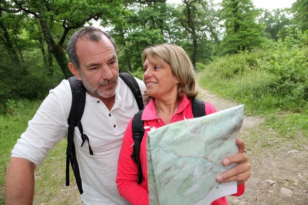 Seniorenpaar wandert mit Karte im Wald — Stockfoto