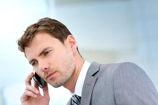 Empresario teniendo una llamada telefónica en el pasillo del edificio — Foto de Stock