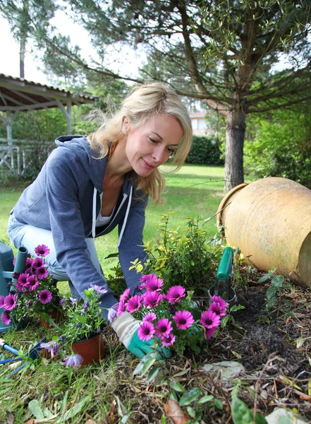Χαρούμενα ξανθιά γυναίκα φυτεύοντας λουλούδια στον κήπο — Φωτογραφία Αρχείου