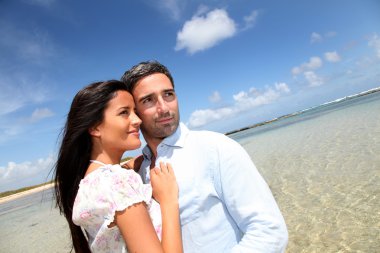 Aşıklar birbirlerine plajda kucaklayan bir kaç