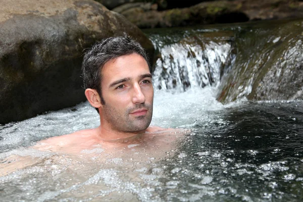 Closeup of man bathing in natural river water — Stock Photo, Image