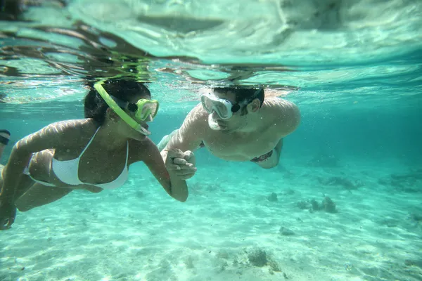 Snorkeling di coppia nelle acque caraibiche Foto Stock