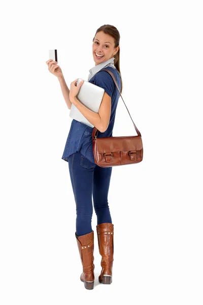 Shopping girl con tablet e carta di credito — Foto Stock