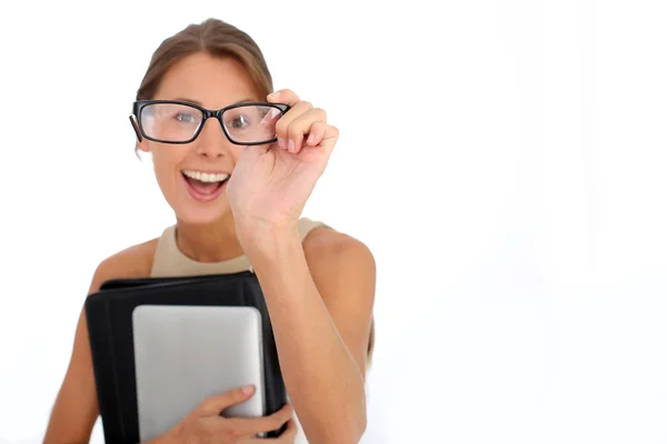 Portrait of funny businesswoman holding eyeglasses — Stock Photo, Image