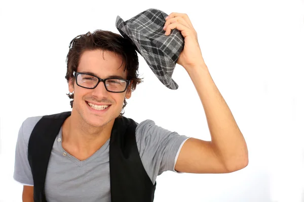 Funky chico usando sombrero sobre fondo blanco — Foto de Stock