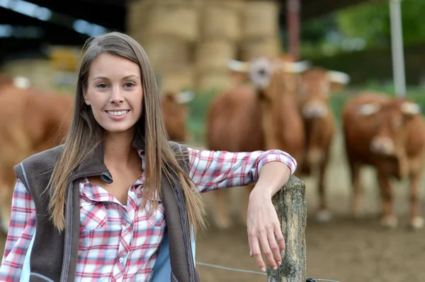 Lachende boer vrouw permanent door vee buiten — Stockfoto