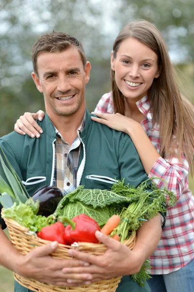 Retrato de casal de agricultores segurando cesta de legumes — Fotografia de Stock