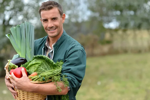 Retrato de agricultor sorrindo segurando cesta de legumes — Fotografia de Stock