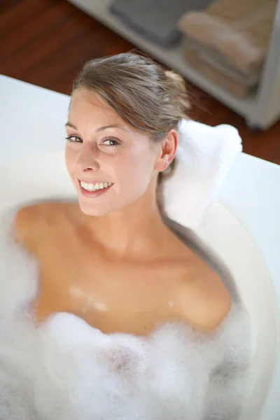 Upper view of gorgeous woman taking a bath Royalty Free Stock Photos