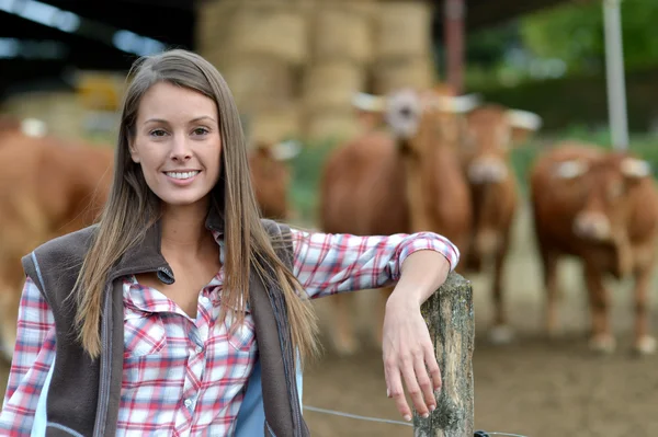 Smiling farmer woman standing by cattle outside Stock Image