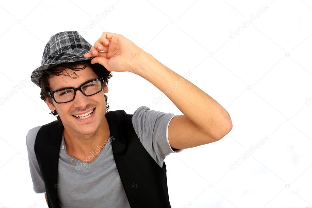 Funky guy wearing hat on white background