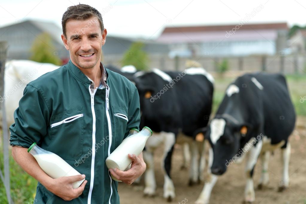 Farmer standing in front of cow herd with bottles of milk