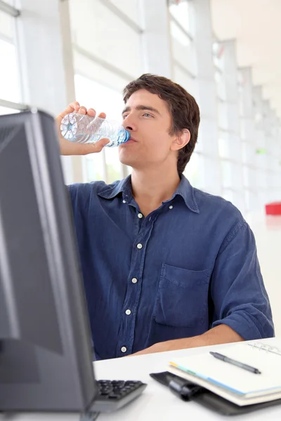 Office worker dricksvatten framför stationär dator — Stockfoto