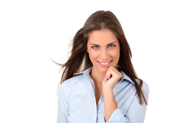 Retrato de mujer hermosa con la mano en la barbilla — Foto de Stock