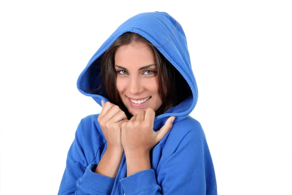 Szép kamasz kék pulóvert viselő portréja — Stock Fotó