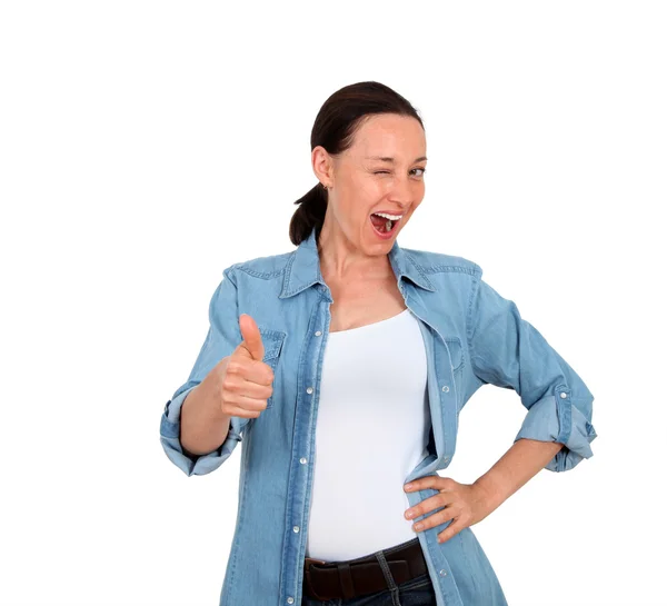 Portrait of woman showing thumb up — Stock Photo, Image
