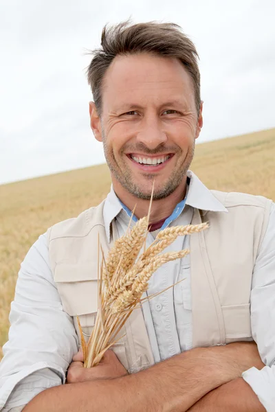 Retrato del hombre guapo parado en el campo de trigo — Foto de Stock