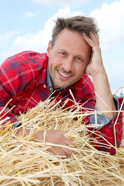 Handsome man laying down bale — Stock Photo, Image