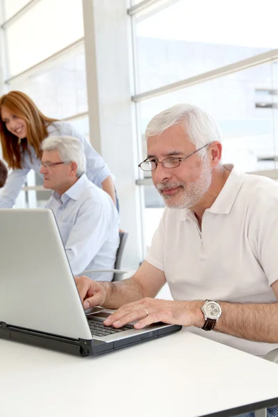 Starší muži, kteří pracují na přenosném počítači — Stock fotografie