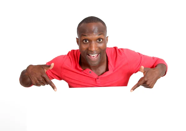 Man in red shirt showing whiteboard — Stock Photo, Image